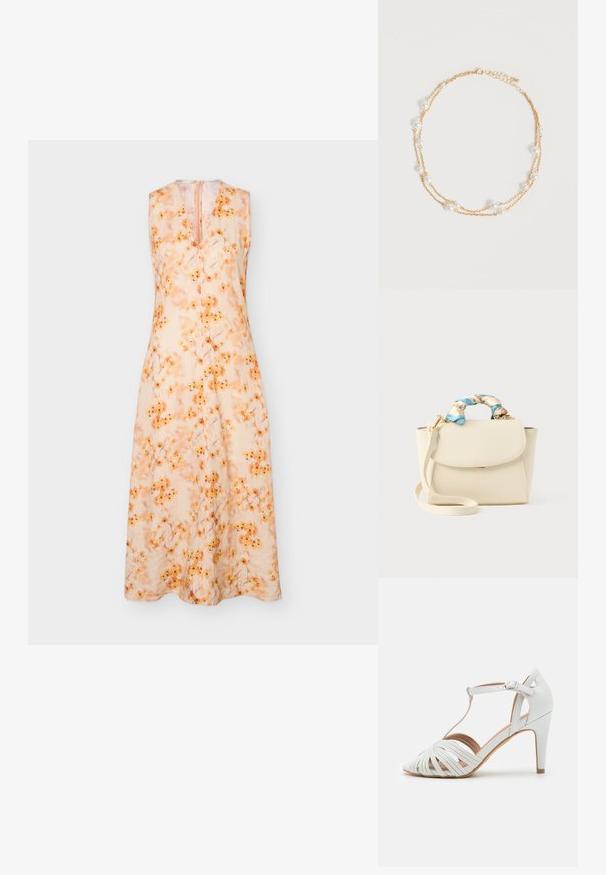 Vestido sin mangas hasta la rodilla con escote en V, base beige claro y estampado floral naranja, mostrado sobre un fondo liso gris claro.; Sandal de tacón alto blanco con tiras entrecruzadas, diseño en T, textura suave y puntera afilada. Presenta un tacón delgado y cierre con hebilla.; Bolso de mano color crema con cierre de solapa, correa de hombro desmontable y tela floral azul y crema retorcida envolviendo el asa superior.; Delicado collar de cadena dorada de doble capa con pequeñas perlas blancas espaciadas uniformemente sobre un fondo claro y liso.