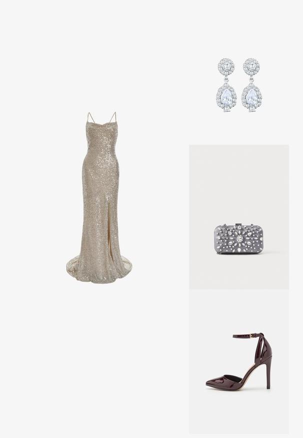 True Decadence Gallakjole - silver sequin; Bordeaux patentlæder højhælede sko med spids tå, ankelrem og en 10 cm stiletto hæl. Glat tekstur og minimal detaljer.; Lille rektangulær mørkegrå clutch pyntet med klare rhinsten i et strålende mønster og en sølvkæde som strop.; Sølvfarvede øreringe med en rund stud med pavé-indstilling og en pæreformet dråbe omgivet af mindre sten, hvilket fremhæver en funkende effekt.