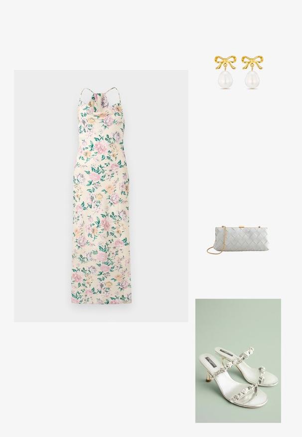 Ärmelloses langes Kleid mit Spaghettiträgern, cremefarbenem Hintergrund und einem Blumenmuster in Rosa, Gelb und Grün.; Silberne Sandalen mit klaren Riemen und floralem Schmuck. Sie haben ein elegantes Design und eine glänzende Oberfläche, die sich für formelle Anlässe eignet.; Weiße rechteckige gewebte Leder-Clutch mit goldener Kettenriemen und goldenem Verschluss auf weißem Hintergrund.; Goldfarbene Ohrringe mit einem Schleifendesign und einer hängenden weißen Perle. Die Perlen haben eine Tropfenform und eine glatte Oberfläche.