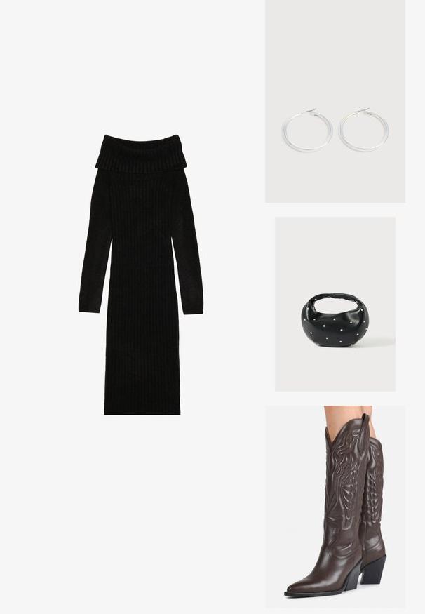 Sort ribbet strik kjole med off-the-shoulder design, lange ærmer og figursyet silhuet. Den teksturerede stof tilføjer dybde til designet.; Mørkebrune læder cowboystøvler til knæene med spidse tæer, dekorativ syning og skrå blokhæle, båret af en person.; Sort læderhåndtaske med en rundet form, dekoreret med sølvnitter, og et kort håndtag. Glat tekstur og lynlåslukning.; Par skinnende sølvøreringe med tynde trådlåse, vist på en lys grå baggrund.