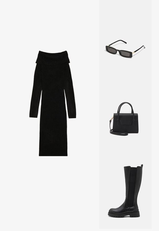 Sort ribbet strik kjole med off-the-shoulder design, lange ærmer og figursyet silhuet. Den teksturerede stof tilføjer dybde til designet.; Even&Odd Plateaustøvler - black; Sorte rektangulære solbriller med mørke linser, glansfulde plastikstel og guld accenter på stængerne. Minimalistisk design og slank form.; Sort struktureret håndtaske lavet af læder med et topgreb, aftagelig skulderrem og detalje med frontklap. Guldhardware accenter.