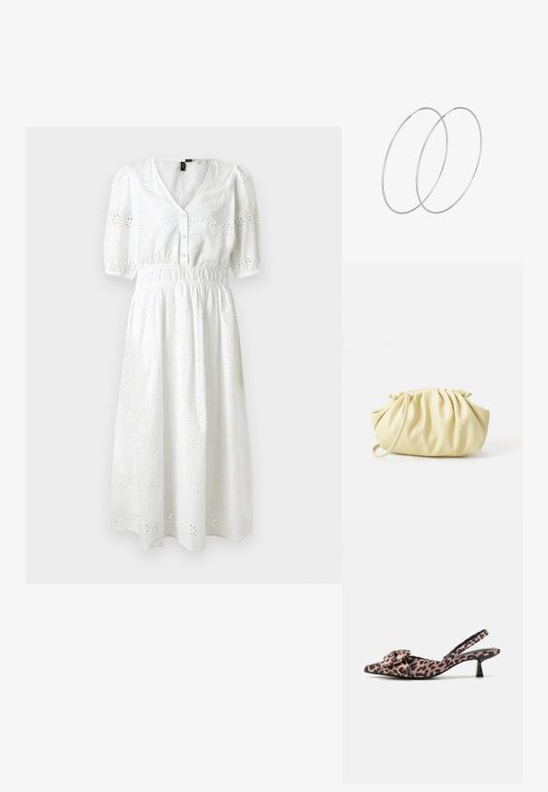 Hvid bomulds kjole med korte puffærmer, V-hals, knaplukning, elastisk talje og blomstret broderet mønster hele vejen igennem.; Spidse slingback hæle i leopardprintet stof med en bue-accent, der har en lav sort hæl og glat tekstur.; Gul plisseret håndtaske lavet af glat kunstlæder, med en blød form, en enkelt skulderrem og samlet topdesign.; Sølvøreringe med et minimalistisk design. Cirkulær form, glat tekstur og tynd profil. Letvægtige med en poleret overflade.