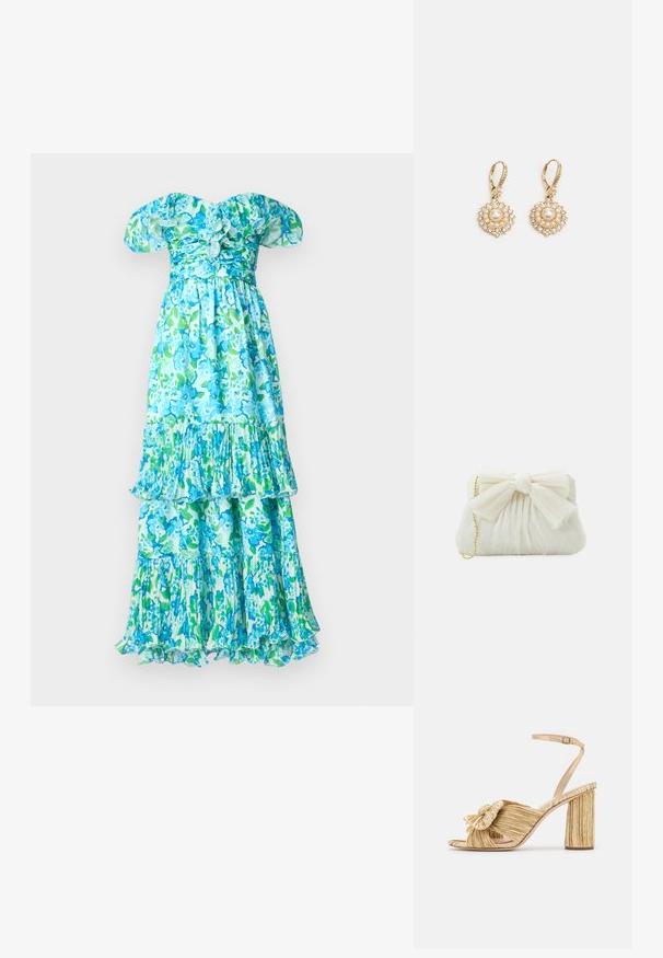 Florale maxi-jurk in tinten blauw en groen. Heeft off-the-shoulder mouwen, gerafelde lagen en een aansluitend lijfje met gathers.; Gouden sandalen met hakken, voorzien van een geknoopte voorkant, gegolfde textuur en een enkelriem. De blokhak heeft een ribbelontwerp, wat de grip verbetert.; Witte geplooide clutchtas met een opvallende strikdetail en een gouden kettinghengsel. Zachte textuur met een geplooid ontwerp aan de voorkant.; Marchesa ROUND PEARL DROP - Oorbellen - gold-coloured