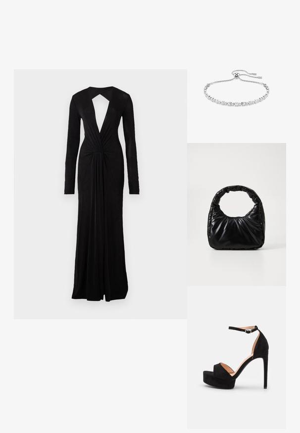 Vestido de noche negro con mangas largas, escote en V profundo, espalda con abertura, detalle en la cintura ceñida y un diseño fluido. Confeccionado en una tela suave y ligera.; Sandalia de tacón alto de ante negro con suela de plataforma, tira en el tobillo con herrajes plateados, diseño de punta abierta y textura suave.; Bolso negro acolchado con un asa redondeada, que presenta una superficie lisa y brillante y una textura suave y acolchada. Sin herrajes ni acentos visibles.; Pulsera de plata con eslabones redondos y rectangulares alternos, adornada con piedras decorativas transparentes, cierre ajustable con cadena.