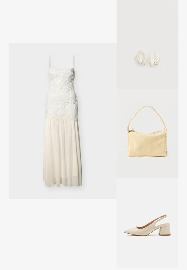 Hvid ærmeløs maxikjole med blomstertekstureret overdel og flydende chiffon nederdel på ensfarvet baggrund.; Spids tå slingback pump i lys beige læder med en lav blokhæl. Har et udskåret design og glat tekstur.; Lille beige læderhåndtaske med en enkelt rem og sølvnitter langs kanterne og remmen, sat mod en ensfarvet baggrund.; Øreringe i sølvfarve med en glat, organisk dråbeform. Poleret overflade med subtil kurvatur og uden synlige pynt.
