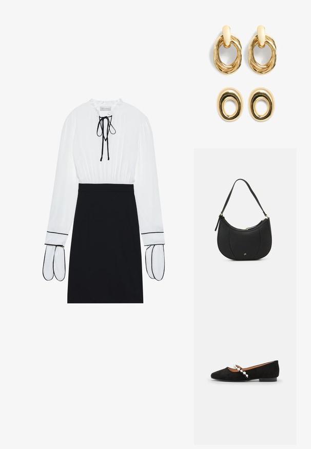 Blouse blanche avec un col froncé et un cordon de serrage ; jupe noire ajustée avec des passepoils blancs contrastants sur les manches. Texture de tissu lisse.; Ballerines en velours noir à bout pointu, dotées d'une strap décorative ornée de perles blanches et d'un petit talon.; Sac à main en cuir noir avec une forme courbée, surface texturée, coutures avant et un logo doré. Il est doté d'une seule sangle ajustable.; Boucles d'oreilles en métal doré avec des designs ovales tordus. La paire du haut a une boucle texturée ; la paire du bas est lisse avec une découpe circulaire.