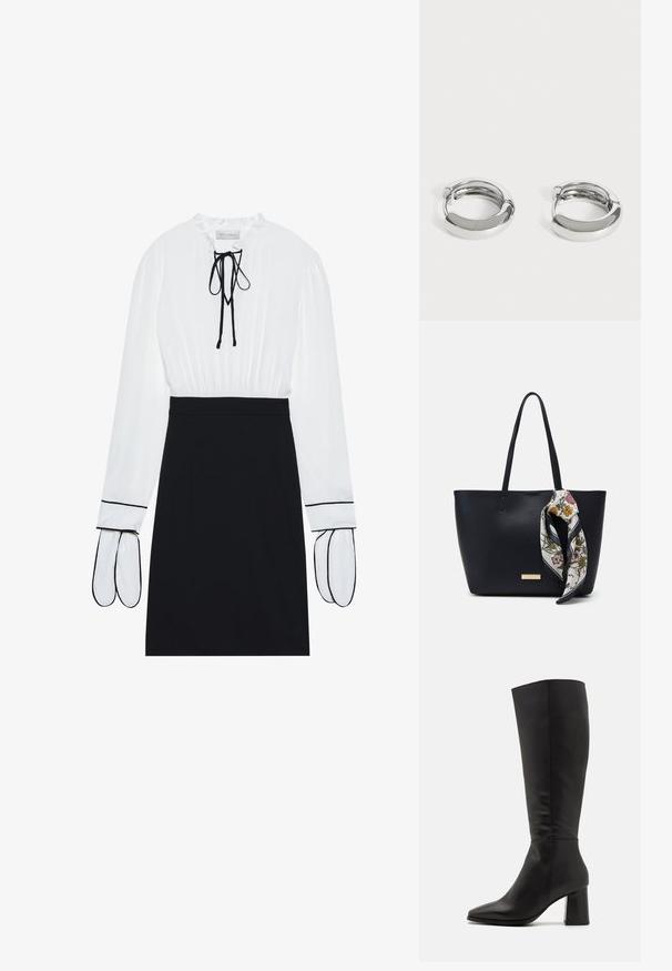 Weiße Bluse mit gerafftem Ausschnitt und Kordelzug; schwarze, taillierte Rock mit kontrastierendem weißen Piping an den Ärmeln. Glatte Stoffstruktur.; Schwarze kniehohe Stiefel aus glattem Leder. Sie verfügen über eine spitze Zehenform und einen klobigen, strukturierten Blockabsatz. Minimale Nähtedetails.; Schwarze Leder-Umhängetasche mit zwei Schulterriemen, versehen mit einem floralen Seidenschal, der am Griff gebunden ist, sowie einem metallischen Logoakzent auf der Vorderseite.; Paar kleine, glänzende silberne Creolen mit glatten, abgerundeten Oberflächen auf einfachem weißem Hintergrund.