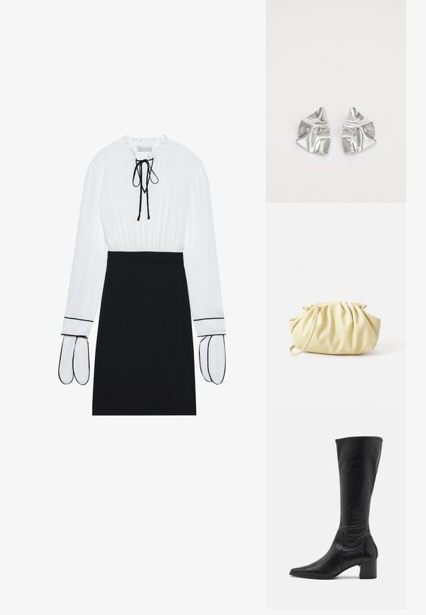 Witte blouse met een geplooide halslijn en trekkoord; zwarte fitted rok met contrasterende witte bies op de mouwen. Glad stoftextuur.; Zwarte leren laars tot de knie met een puntige neus, minimale naaddetails en een chunky vierkante hak. Soepele textuur met een glanzende afwerking.; Geel geplooide handtas van soepel nepleer, met een zachte vorm, een enkele schouderriem en een verzameld ontwerp aan de bovenkant.; Zilveren metalen oorbellen met een golvend, sculpturaal ontwerp, voorzien van een gepolijste afwerking en onregelmatige vormen, die een hedendaagse esthetiek benadrukken.