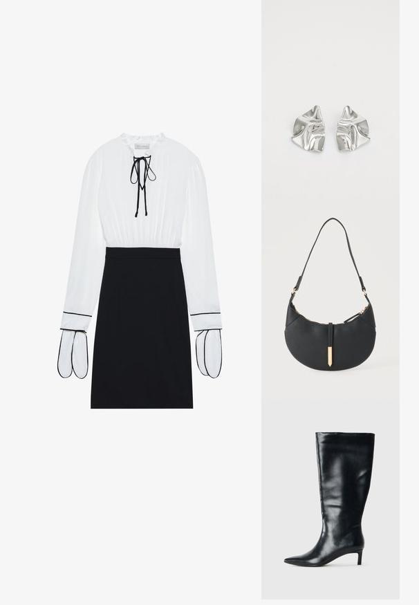 Blouse blanche avec un col froncé et un cordon de serrage ; jupe noire ajustée avec des passepoils blancs contrastants sur les manches. Texture de tissu lisse.; Botte en cuir noire hauteur genou avec bout pointu et petit talon de chat sur fond clair uni.; Sac à main noir en forme de croissant avec une bandoulière unique, une fermeture éclair dorée et une languette décorative rectangulaire dorée à l'avant.; Boucles d'oreilles en métal argenté avec un design ondulé et sculptural, présentant une finition polie et des formes irrégulières, mettant en valeur une esthétique contemporaine.