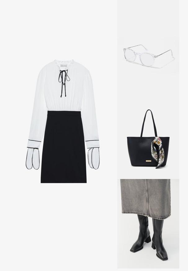 Witte blouse met een geplooide halslijn en trekkoord; zwarte fitted rok met contrasterende witte bies op de mouwen. Glad stoftextuur.; Zwarte laarzen tot de knie van soepel leer met een vierkante neus en blokhak. Draag ze met een grijze denim rok met een rafelige zoom.; heldere rond-frame brillen met transparante kunststof lenzen en zilveren metalen armen. Minimalistisch ontwerp met subtiele details bij de scharnier.; Zwarte leren tote bag met twee schouderriemen, voorzien van een zijden sjaal met bloemenprint die aan de handgreep is geknoopt en een metallic logo-accent aan de voorkant.