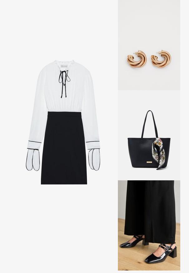 Weiße Bluse mit gerafftem Ausschnitt und Kordelzug; schwarze, taillierte Rock mit kontrastierendem weißen Piping an den Ärmeln. Glatte Stoffstruktur.; Schwarze Lackleder-Slingback-Schuhe mit quadratischen Zehen, ausgestattet mit doppelt verstellbaren Knöchelriemen und Blockabsätzen. Glatte, glänzende Oberfläche.; Schwarze Leder-Umhängetasche mit zwei Schulterriemen, versehen mit einem floralen Seidenschal, der am Griff gebunden ist, sowie einem metallischen Logoakzent auf der Vorderseite.; Metallische goldene Ohrringe in einem gewundenen Design. Abgerundete Form mit einer glatten, glänzenden Oberfläche und einer Pin-Verschluss. Substantielle Breite und Tiefe.