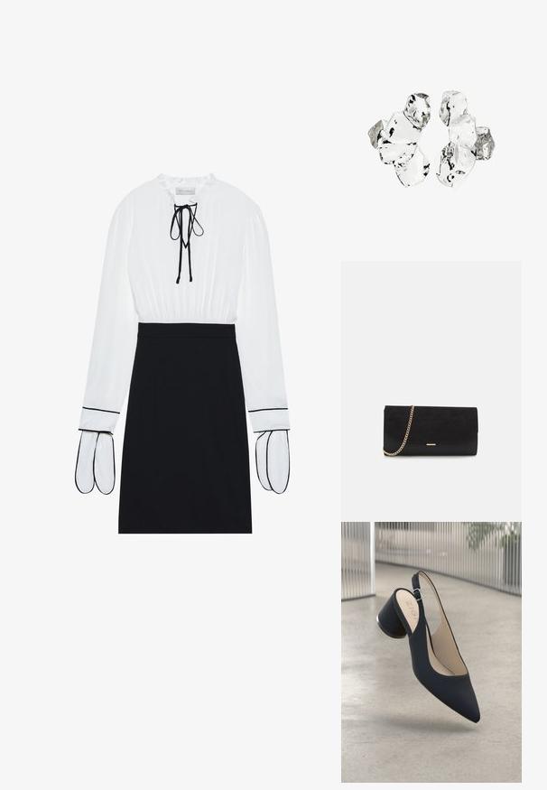 Hvid bluse med en samlet halsudskæring og snøre; sort tætsiddende nederdel med kontrasterende hvid piping på ærmerne. Glat stoffets tekstur.; Sorte slingback højhælede sko med spids tå, glat tekstur og en metalaccent på hælen, med en lille justerbar spænde.; Sort clutch taske lavet af ruskind med en struktureret overflade, udstyret med en guld kædestrop og et elegant, kantet design.; Klynge af seks uregelmæssigt formede, gennemsigtige og reflekterende glaslignende stykker arrangeret på en hvid baggrund.