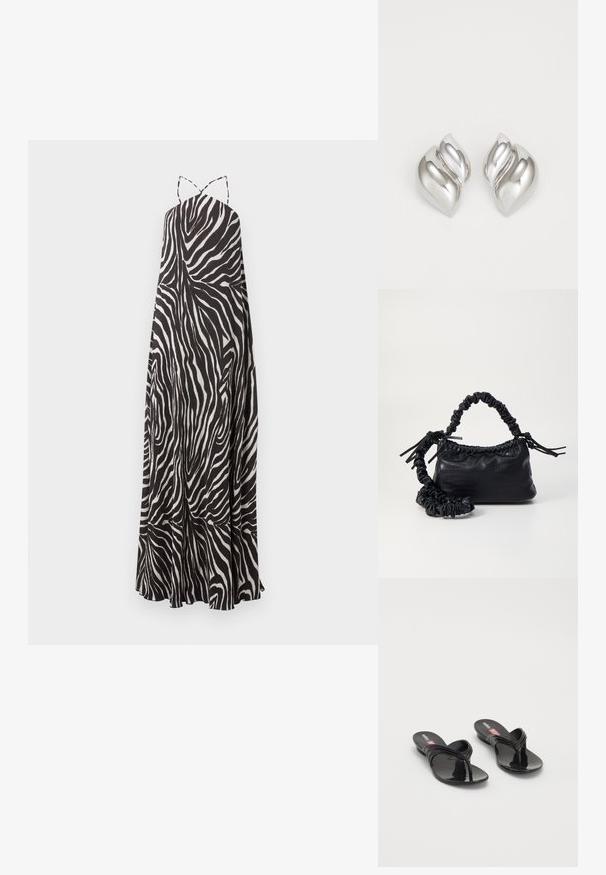 Sort-hvid zebra mønstret ærmeløs maxikjole med tynde spaghetti stropper og udvidet skørt.; Melissa QUANTUM THONG X DIESEL - Sandaler m/ tåsplit - black; Sort kunstlæder håndtaske med krokodilteksur, indsnøret top og en sammenkrøben rem. Ser blød og kompakt ud i designet.; Sølvøreringe med en organisk, abstrakt form. Glat, skinnende overflade med et tilspidset design. Har subtile kurver og en centrallinje detalje.