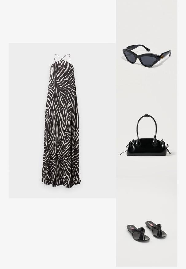 Vestido maxi sin mangas con estampado de cebra en blanco y negro, con finas tiras de espagueti y dobladillo acampanado.; Melissa QUANTUM THONG X DIESEL - Sandalias de dedo - black; Gafas de sol estilo ojo de gato negras con lentes oscuras, montura de plástico brillante, detalles dorados en las patillas, diseño elegante.; Pequeño bolso negro brillante con dos asas largas y detalles de cordón lateral sobre un fondo claro liso.