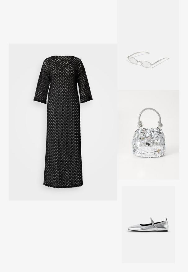 Schwarzes Spitzenkleid mit V-Ausschnitt, dreiviertelärmeln und einer langen, fließenden Silhouette. Verfügt über filigrane, zarte Muster im gesamten Kleid.; Silberne metallic Ballerinas mit spitzem Zeh, Riemchen mit verstellbarem Schnallenverschluss, strukturiertem Obermaterial und minimalistischem schwarzen Schuhsohle.; Ovale Brillen mit einem metallisch-silbernen Rahmen, klaren Gläsern und strukturierten Perlenakzenten an den Bügeln. Leichtes Design mit gebogenen Bügeln.; Runde silberne Handtasche, die mit reflektierenden Pailletten bedeckt ist, mit einem geflochtenen Griff und einem kleinen Logo auf der Vorderseite. Insgesamt glatte Textur.