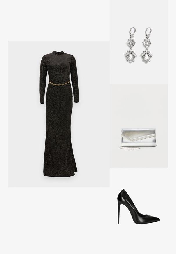 Robe de soirée longue à manches longues noire avec des paillettes, silhouette ajustée et une ceinture chaîne dorée accentuant la taille. Tissu lisse et extensible.; Pompe à talon aiguille en cuir noir avec un bout pointu et une texture lisse. Présente une silhouette élégante et un talon aiguille.; Pochette argentée brillante avec rabat style enveloppe et garniture décorative, petite bandoulière chaîne argentée, sur fond clair uni.; Boucles d'oreilles en métal argenté ornées de plusieurs pierres précieuses en cristal transparent en forme de goutte et de marquise, avec des fermoirs à levier et des détails complexes.