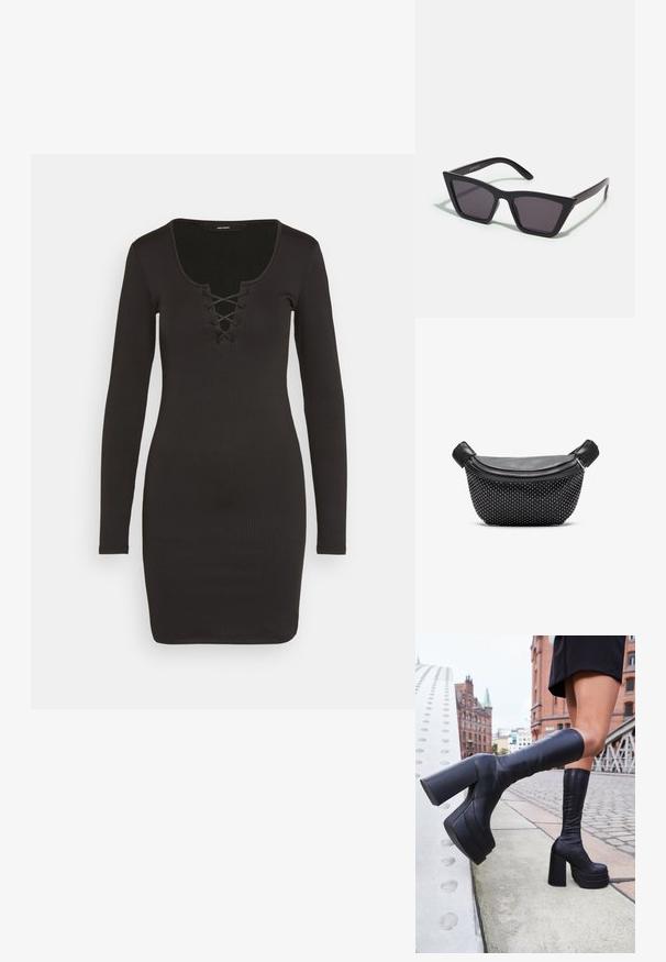 Vero Moda VMRIVA SHORT DRESS - Φόρεμα από ζέρσεϊ - black; Μαύρες πλατφόρμες μέχρι το γόνατο από λείο δέρμα, με χοντρές τετράγωνες σόλες και κομψό σχέδιο, με φόντο μια αστική σκηνή.; Μαύρα, γωνιώδη γυαλιά ηλίου με γκρι φακούς; κατασκευασμένα από πλαστικό, με χοντρές βραχίονες με λεία επιφάνεια και χωρίς ορατό μηχανισμό.; Μαύρη τσάντα χειρός με λείο δερμάτινο πάνω μέρος και υφή στη βάση καλυμμένη με ασημί καρφιά, με κλείσιμο φερμουάρ και διπλές λαβές.