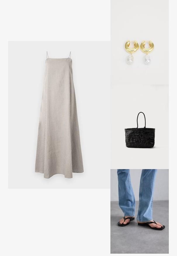 Robe longue beige et blanche à rayures verticales, sans manches, avec fines bretelles et coupe ample et fluide.; Des tongs noires avec une large lanière en V, fabriquées en caoutchouc. Portées avec un jean droit bleu clair, montrant un denim texturé.; Sac fourre-tout en cuir tressé noir avec deux poignées arrondies, debout sur un fond blanc uni.; Boucles d'oreilles en métal doré avec une finition polie, ornées d'une perle blanche irrégulière suspendue. Design circulaire, texture lisse.