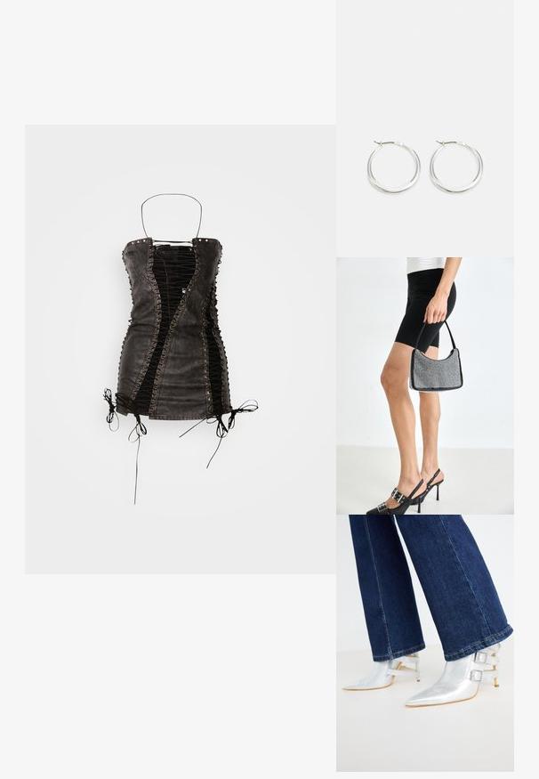 Zwart leren mini-jurk met een vetersluiting aan de voorkant, contrasterende zwarte panelen, verstelbare koordjes en metalen studs langs de naden.; Zilveren, metallic enkellaarsjes met een spitse neus en twee gespsluiten. Draagt met donkerblauwe, licht uitlopende spijkerbroeken.; Zwarte beaded handtas met een gebogen silhouet, draaghandvat en glanzende textuur. Draagt bij hoge zwarte hakken en strakke zwarte shorts.; Zilveren hoop oorbellen hebben een glad, rond ontwerp met een dun profiel en een veilige sluiting. Minimalistische stijl met een gepolijste afwerking.