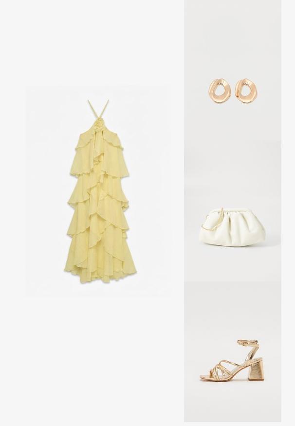 Blekgul ermeløs kjole med flere lag med flæser og tynne skulderstropper, med blomstermotiv ved halslinningen.; Gyldne metalliske hæle-sandaler med en strappy design, kvadratisk blokhælhæl og justerbar ankelrem med spænde. Glat tekstur.; Hvit lærveske med en samlet design, som har en gullkjede-stropp og en rund form. Glatt tekstur med myke folder og ingen mønstre.; Par med uregelmessig formede, polerte gulltonede metallringer med åpent senter på en enkel hvit bakgrunn.