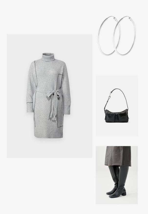 Vestido de punto gris con cuello alto, mangas largas y cintura ceñida con cinturón. Presenta costuras en contraste negras y puños acanalados. Tejido suave y texturizado.; Botas negras de cuero hasta la rodilla con punta cuadrada, tacón de bloque inclinado y cremallera lateral; textura lisa y diseño ajustado.; Bolso de hombro de cuero negro con correa ajustable y dos grandes bolsillos frontales con cremallera sobre un fondo claro y sencillo.; Pendientes de aro en tono plateado con forma redonda y un acabado pulido. Ambos pendientes son del mismo tamaño y cuentan con un mecanismo de cierre seguro.