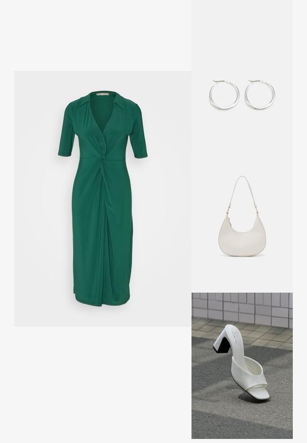 Anna Field by Zalando Φόρεμα από ζέρσεϊ - green; Λευκό μονό ανοιχτό παπούτσι mule με τακούνι μπλοκ, που στέκεται σε γκρι άσφαλτο μπροστά σε φόν από πλακιδιωμένο τοίχο.; Κρέμα δερμάτινη τσάντα ώμου σε σχήμα ημισελήνου, με λεπτό λουράκι και διακριτικές ραφές. Μινιμαλιστικός σχεδιασμός με χρυσές λεπτομέρειες.; Ασημένια σκουλαρίκια κρίκοι με απαλή, στρογγυλή σχεδίαση, λεπτό προφίλ και ασφαλή κούμπωμα. Μινιμαλιστικό στυλ με λείες επιφάνειες.