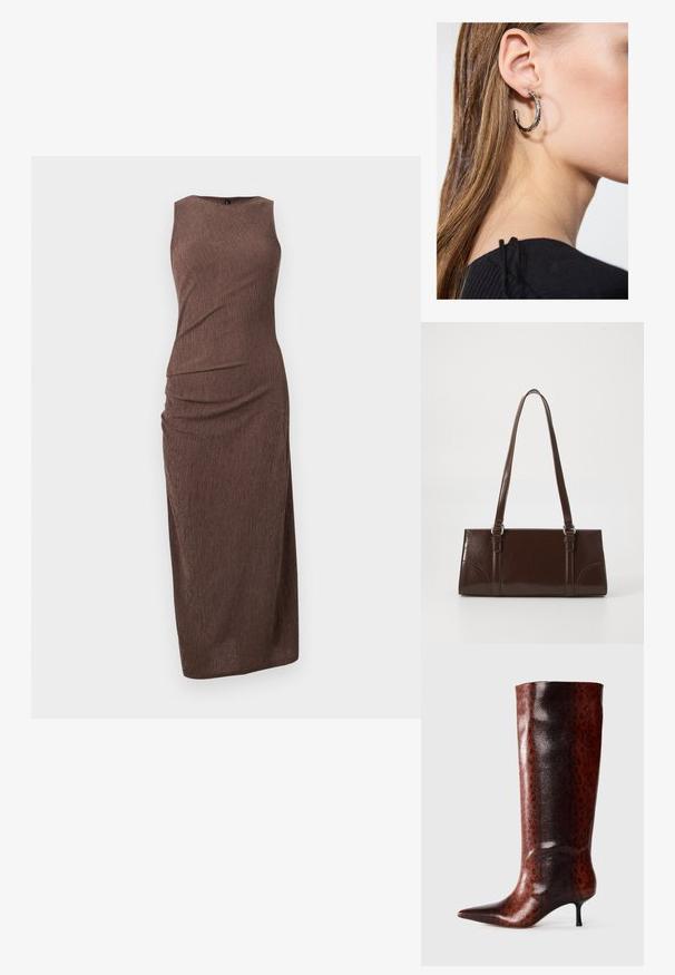 Robe longue marron sans manches en tissu texturé froissé, avec une silhouette ajustée s'étendant jusqu'aux chevilles.; Botte de genou en cuir synthétique marron avec un bout pointu, présentant un motif de léopard texturé et un talon aiguille noir et fin.; Sac à main en cuir verni marron de forme rectangulaire, avec deux longues poignées et des accents courbés subtils à l'avant.; Boucle d'oreille en argent avec une finition polie, présentant de petits détails en or et de forme ronde, portée sur le lobe.