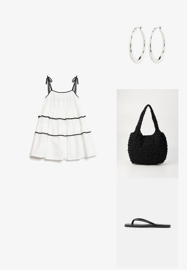 Vestido blanco con capas y ribete negro, que presenta tirantes finos ajustables y un cuerpo fruncido. Tela ligera con un diseño fluido.; Chanclas negras con un diseño minimalista, suela plana, tiras estrechas y una textura suave. Sin patrones ni acentos adicionales.; Bolso de tela negra con un patrón texturizado y tejido. Presenta una forma suave y redondeada y asas cortas y resistentes.; Pendientes de aro de plata con un acabado suave y brillante. Forma circular, con un cierre seguro. Diseño sencillo y elegante.