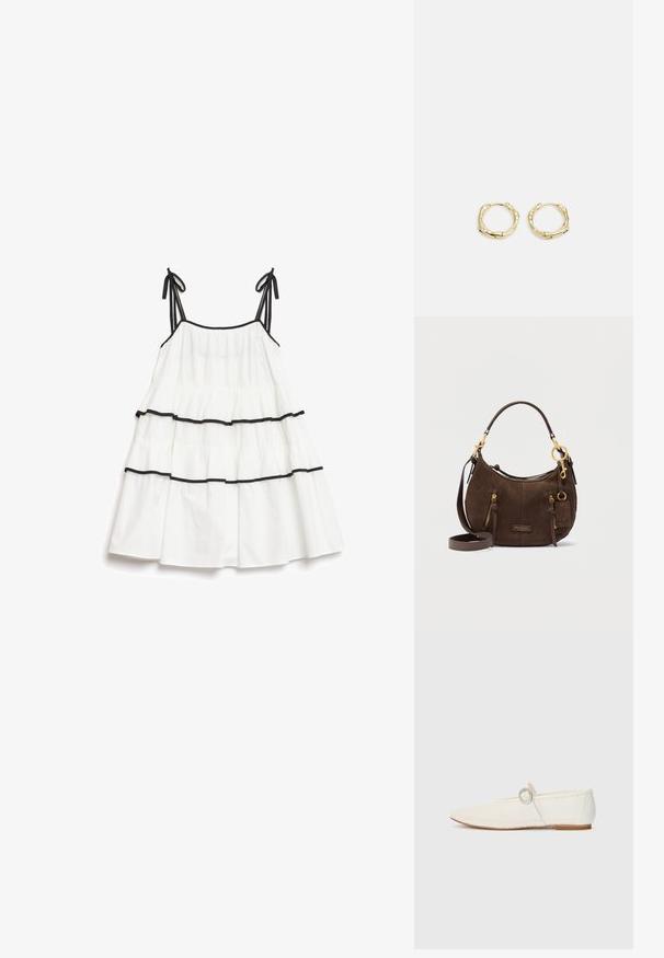Hvid lagdelt kjole med sort kant, der har justerbare spaghetti-stropper og en samlet bodice. Let stof med et flydende design.; Hvide syntetiske flade sko med mesh-struktur, spidse tå og en sidesnor med en rund detalje. Lav hæl og fleksibel sål.; Mørkebrun ruskind skuldertaske med guldfarvet hardware, frontlynlåse, brandet plade og aftagelig lang rem mod hvid baggrund.; Gul hoop ørestikker med en struktureret, uregelmæssig form. Har en sømløs lukning og en poleret overfladefinish, der fremhæver et moderne design.