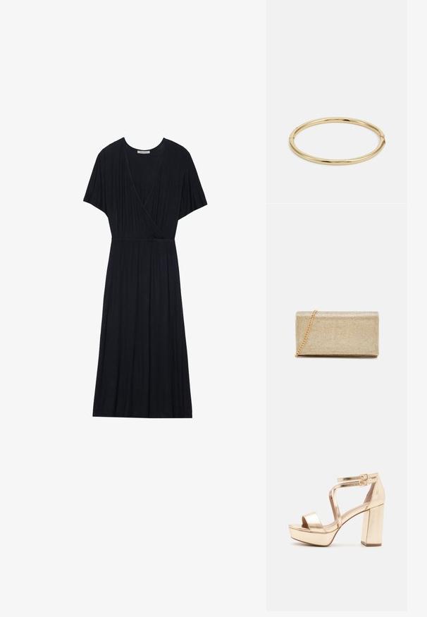 Schwarzes Wickelkleid aus weichem, leichtem Stoff. Es hat kurze Ärmel, einen tiefen V-Ausschnitt und einen elastischen Bund für eine lockere Passform.; Goldene metallische Plateausandalen mit einem klobigen Blockabsatz, offenen Zehen und kreuzweise verlaufenden Knöchelriemen mit Schnallenakzenten. Glatte Textur.; Goldfarbener metallic Clutch mit strukturierter Oberfläche, ausgestattet mit einem Kettenriemen und rechteckiger Form, entworfen für den Abendgebrauch.; Goldene Armreif mit einer glatten, glänzenden Oberfläche, runder Form und einem dezenten Verschlussdetail.