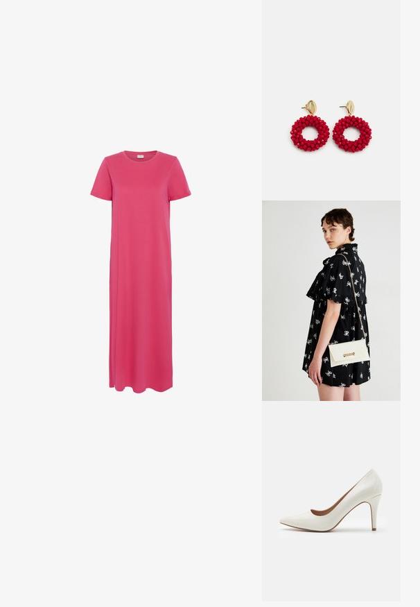 Vestido largo de algodón rosa con mangas cortas, cuello redondo y una silueta fluida. Textura suave sin patrones visibles ni adornos.; Zapato de tacón alto de charol blanco con punta afilada y superficie lisa, que presenta un tacón esbelto y un corte bajo alrededor de la abertura.; Vestido negro con patrones de lazo blanco, mangas cortas, volantes en los hombros. Clutch blanco con cadena dorada y cierre, sujeto en la mano derecha.; Pendientes de aro rojos con cuentas, con una superficie texturada y un cierre de poste en tono dorado. Forma circular con centro abierto y detalles de cuentas redondeadas.