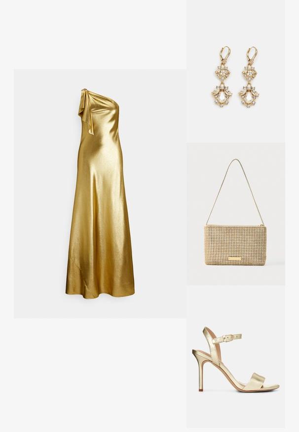 Gold satin kjole med én skulder og bindedetalje ved skulderen, med en glat, glansfuld tekstur og gulvlængde.; Guldmetallic, strop-sandale med høj hæl og spænde-lukning, åben tå og glat overflade. Har en slank, spids hæl.; Guldfarvet clutchtaske med rektangulært design, dækket af skinnende, sølvfarvede rhinsten. Har en tynd metallisk skulderrem og lynlåslukning.; Guldtonede chandelierøreringe med en klynge-design, der har runde og tårnformede klare krystaller, der fremhæver detaljerne.