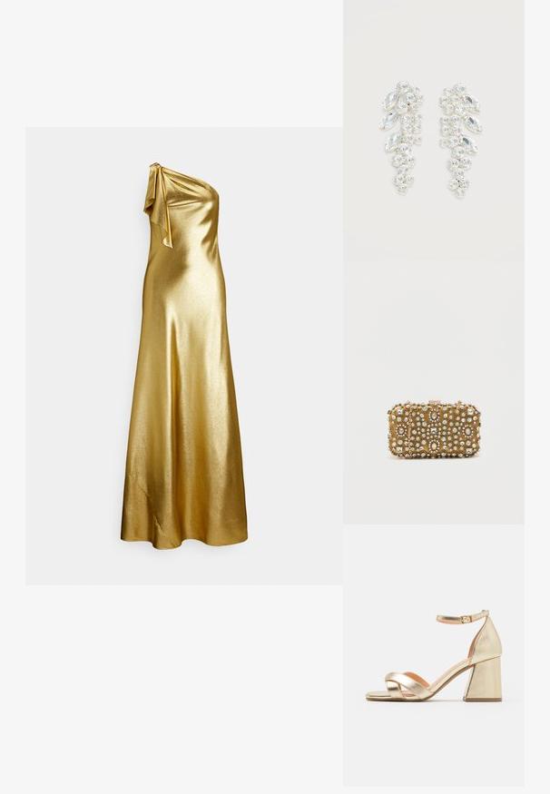 Robe en satin doré à une épaule avec un détail noué à l'épaule, présentant une texture lisse et élégante et une longueur jusqu'au sol.; Sandales avec talons en or métallisé, à talon block, à bout ouvert et design de lanières entrecroisées. La lanière de cheville dispose d'une fermeture à boucle.; Pochette en or avec des ornements en perles et cristaux complexes. Forme rectangulaire, fermeture à fermoir et une chaîne amovible.; Paire de boucles d’oreilles ton argent avec cristaux clairs taillés en grappes, en formes rondes et marquise sur fond blanc.