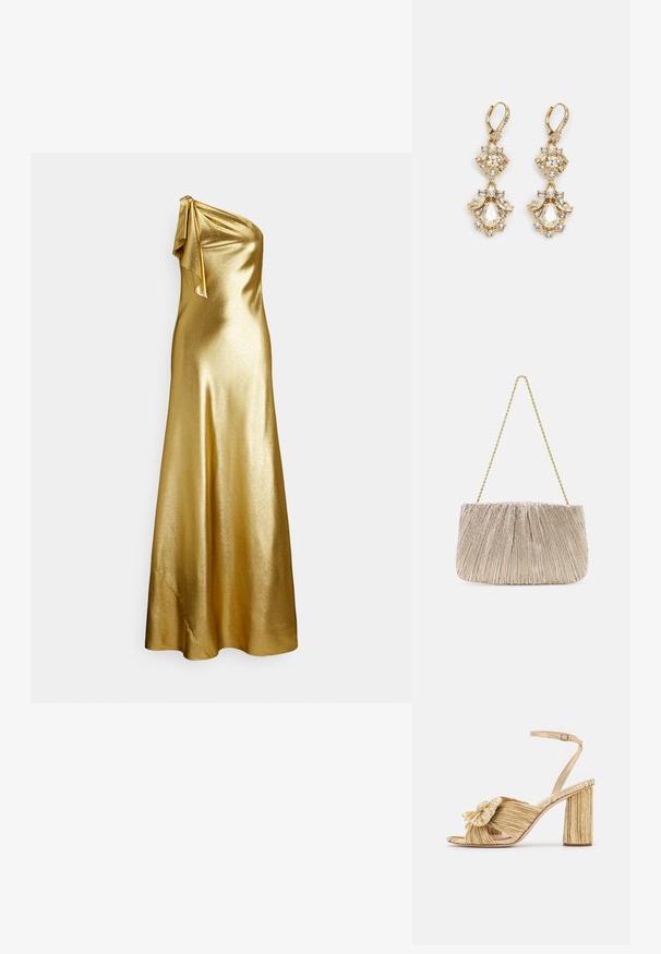 Goudkleurige satijnen jurk met één schouder en een strikdetail bij de schouder, met een gladde, elegante textuur en een floor-length ontwerp.; Gouden sandalen met hakken, voorzien van een geknoopte voorkant, gegolfde textuur en een enkelriem. De blokhak heeft een ribbelontwerp, wat de grip verbetert.; Plooitjes metallic stoffen handtas met een gouden kettinghengsel, zachte rechthoekige vorm, lichtbeige kleur, gestructureerd oppervlak en gathered details.; Gouden hangoorbellen met een clusterontwerp, versierd met ronde en druppelvormige heldere kristallen, die zich kenmerken door ingewikkelde details.