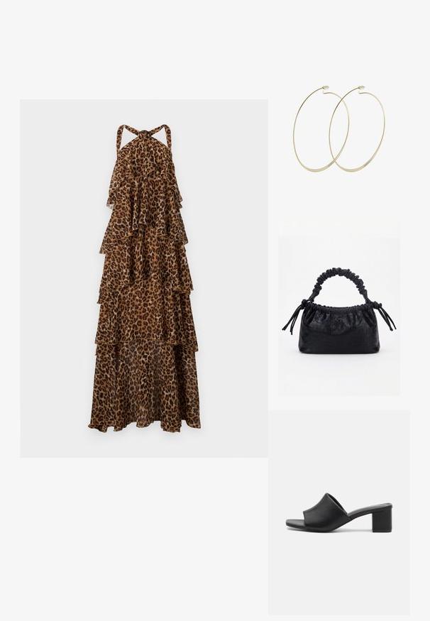 Leopardprint, lagdelt maxi-kjole med halterneck stropper og lagdelt, flydende stof.; Sorte læder mules med blokhæl og åben tå, med en glat overflade og let buet overdelsdesign for komfort og stil.; Sort taske med krokodilletekstur, rynket øverste kant, samlet hank og snore med kvaster på hver side mod en hvid baggrund.; Pilgrim Øreringe - gold-coloured