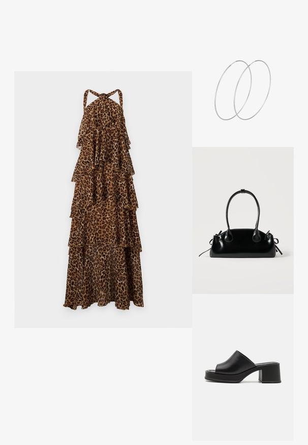 Leopardprint, lagdelt maxi-kjole med halterneck stropper og lagdelt, flydende stof.; Sorte læder platform sandals med rund åben tå, lav blokhæl og glat tekstur. Minimalistisk design med elegante linjer.; Lille sort blank håndtaske med to lange håndtag og snøre-detaljer i siden på en ensfarvet lys baggrund.; Sølvøreringe med et minimalistisk design. Cirkulær form, glat tekstur og tynd profil. Letvægtige med en poleret overflade.