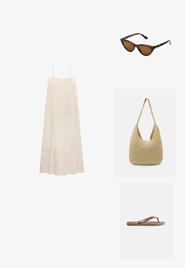 Vestido maxi sin mangas de color crema con tirantes finos y sutil bordado floral en una tela fluida.; Chancla de goma marrón con suela texturizada y tiras en forma de V con la marca, sobre un fondo claro y liso.; Gafas de sol estilo ojo de gato con montura de carey negra y naranja, lentes marrones y puntas elegantes y afiladas. Presenta un logo minimalista en la patilla.; Bolso de paja trenzada en color beige claro, con una correa de hombro curvada y un diseño amplio y abierto en la parte superior con una superficie texturizada.