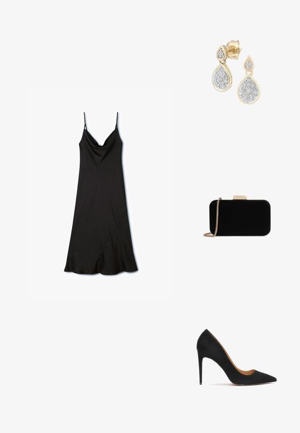 Schwarzes Kleid mit verstellbaren Spaghetti-Trägern, einem Cowl-Ausschnitt und einem asymmetrischen Saum, aus glattem, leichtem Stoff gefertigt.; Schwarze Wildleder-Pumps mit hohen Absätzen und spitzem Zehenbereich, glatter Oberfläche und eleganter Silhouette. Sie verfügen über einen schlanken Stiletto-Absatz und offene Seiten.; Schwarze Samt-Clutch mit goldfarbener Hardware, rechteckiger Form und Kettenriemen, mit glatter Textur und ohne sichtbare Muster.; Tropfenohrringe mit einem goldenen Rahmen und silbernen Akzenten, verziert mit mehreren kleinen, runden glitzernden Steinen in einer dekorativen Anordnung.