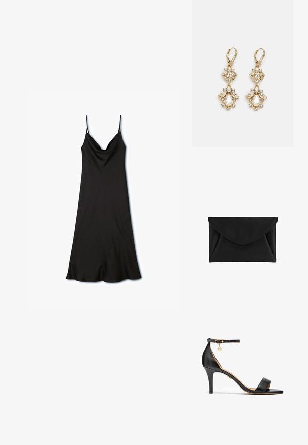 Zwarte slipdress met verstelbare spaghetti-bandjes, een cowl-halslijn en een asymmetrische zoom, gemaakt van soepel, lichtgewicht stof.; Zwarte leren hoge hak sandaal met een enkele band over de tenen, enkelband, gouden hardware en een slanke stiletto hak.; Zwarte clutchtas in envelopstijl met puntige klep en zichtbare stiksels op een witte achtergrond.; Gouden hangoorbellen met een clusterontwerp, versierd met ronde en druppelvormige heldere kristallen, die zich kenmerken door ingewikkelde details.