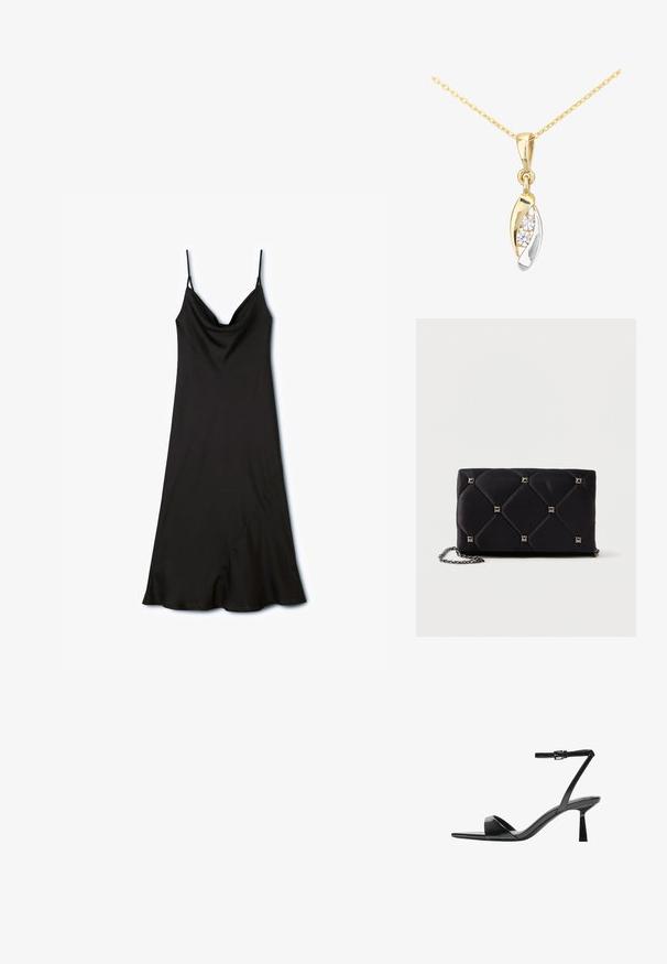 Zwarte slipdress met verstelbare spaghetti-bandjes, een cowl-halslijn en een asymmetrische zoom, gemaakt van soepel, lichtgewicht stof.; Bershka Sandalen met hoge hak - black; Zwarte gewatteerde satijnen clutch met zilveren piramide studs, kettingriem, rechthoekige vorm en een gladde textuur. Afmetingen van 10 cm x 18 cm x 4 cm.; DIAMANT L'ÉTERNEL Ketting - gold coloured
