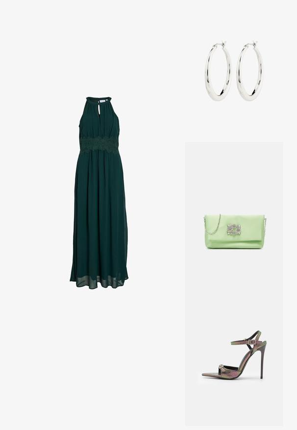 Maxi-jurk in donker groen. Voorzien van een hoge halslijn met een sleutelgatdetail, een kanten tailleband en een vloeiende rok gemaakt van lichtgewicht stof.; Hoge hakken sandaal met een multifunctioneel, textuur snake print in verschillende kleuren. Voorzien van verstelbare enkelbandjes en een puntige neus ontwerp.; Mascara Clutch - apple; Zilveren oorbellen in de vorm van een gladde, glanzende ring. Circulaire vorm, voorzien van een veilige sluiting. Eenvoudig en elegant ontwerp.
