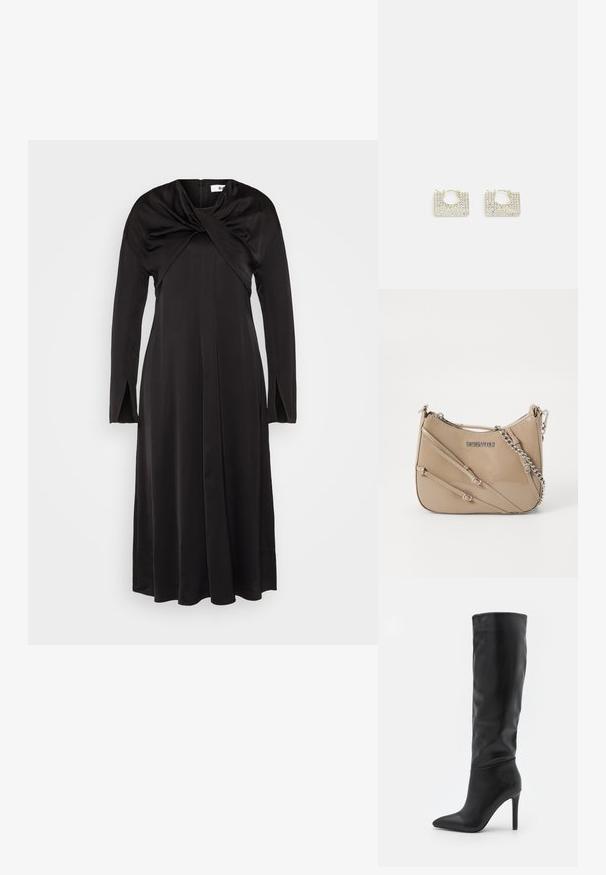 Robe noire à manches longues en tissu lisse avec un col tordu et des fentes latérales, présentant un design fluide et une longueur jusqu'aux chevilles.; RAID TALISHA - Bottes - black; Sac en cuir verni beige avec une forme incurvée, doté de trois sangles diagonales et d'une chaîne argentée. Comprend une fermeture zip et un détail de logo.; Boucles d'oreilles en forme carrée en métal doré, ornées de strass transparents disposés en motif de grille. Fermeture à charnière pour un enfilage facile.