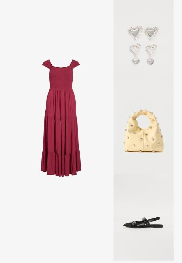Lang kjole i dyb rød med smocket liv, korte flæseærmer og lagdelt flydende skørt.; Even&Odd by Zalando Slingback-ballerinasko - black; Blød gul håndtaske med cirkulært håndtag, dekoreret med jævnt fordelte små sølvfarvede metalknopper på en glat overflade.; Sølvøreringe i hjerteform har facetterede klare sten med en struktureret ramme. Sættet inkluderer både studs og hængende stilarter.