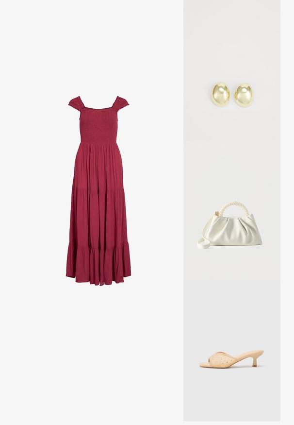 Lang kjole i dyb rød med smocket liv, korte flæseærmer og lagdelt flydende skørt.; Beige åbne tå hæle mules med en glat mat finish, prydet med dekorative klare rhinsten arrangeret i et mønster på overdelen.; Lille hvid håndtaske med ruched krop, rundt håndtag pyntet med perler og aftagelig skulderrem på en ensfarvet baggrund.; Guldtonede metalstudøreringe med en glat, rund form og poleret overflade. Simpelt design uden yderligere dekorationer.