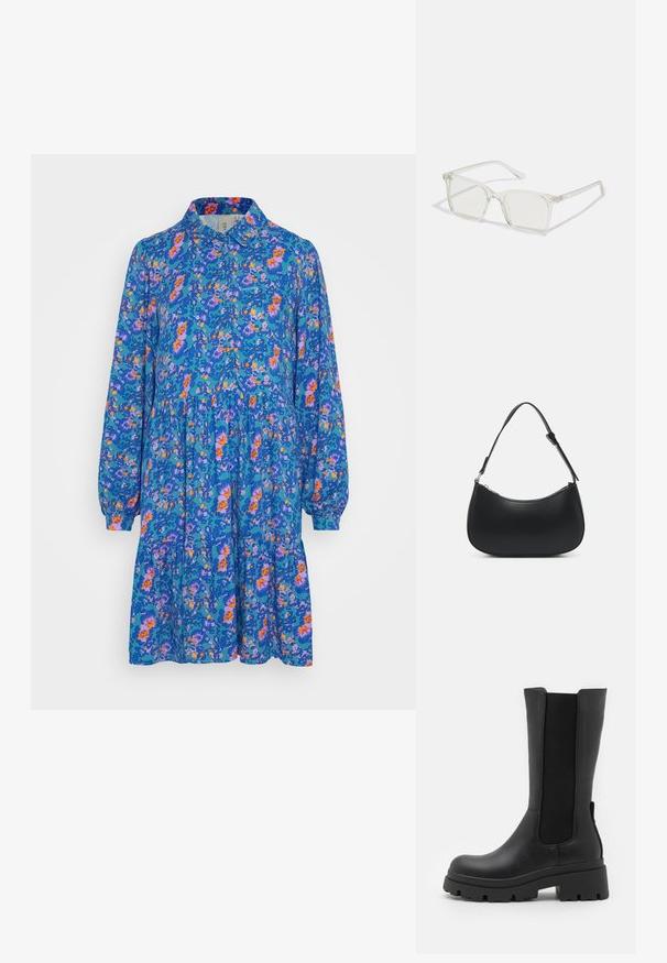 YAS YASORCHI DRESS - Robe chemise - deep lake; ONLY SHOES ONLDOJA - Bottes à plateau - black; Lunettes carrées en plastique transparent avec des verres translucides, dotées d'accents dorés sur les branches pour plus de détails.; Pieces PCALUANA SHOULDER BAG - Sac à main - black