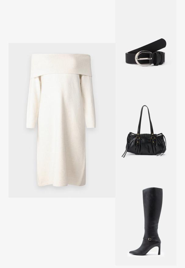 Robe écru à épaules dénudées en tissu doux et texturé ; manches longues avec poignets ajustés ; coupe décontractée ; design longueur genoux.; Botte noire en cuir montante, avec un bout pointu, un talon aiguille et une sangle décorative à la cheville avec une boucle en or.; Sac à main en cuir noir avec une forme arrondie, deux poignées, des accents en matériel décoratif et des détails de liens sur les côtés. Texture lisse et brillante.; Ceinture en cuir noir avec une texture lisse, dotée d'une boucle en métal argenté et de simples accents en boucle. Son design est épuré et minimaliste.