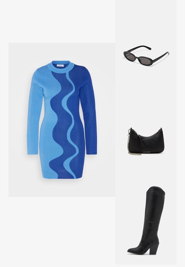 Envii IDA DRESS - Strickkleid - blue; RAID LAKELYN - High Heel Stiefel - black; Even&Odd Sonnenbrille - black; Schwarze synthetische Handtasche mit geschwungener Form, silberner Kettenriemen, Reißverschlussverschluss und eingeprägtem Markenlogo auf der Vorderseite. Glatte Textur.