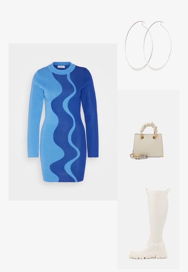 Envii IDA DRESS - Strikkjoler - blue; Knælange hvide gummistøvler med en solid sål og elastiske paneler på siden. Har træksløjfer øverst for nemmere påklædning. Glat overflade.; ALDO BILITHA - Håndtasker - bone/gold-coloured; Sølv hoops øreringe med et tyndt, glat design; langstrakt oval form; poleret finish; har en sikker krog lukning.
