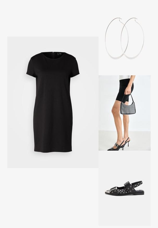 Schwarzes Kurzarmkleid aus glattem Stoff, mit rundem Halsauschnitt, taillierter Silhouette und einem dezenten Reißverschluss auf der Rückseite. Einfaches Design.; Schwarze Slingback-Schuhe mit Nietenakzenten, flachem Absatz, metallener Zehenschutzkappe und verstellbaren Riemen mit Schnalle. Dekorative Hardware-Details vorhanden.; Schwarze Perlen-Handtasche mit geschwungener Silhouette, Tragegriff und glänzender Textur. Kombiniert mit schwarzen High Heels und enganliegenden schwarzen Shorts.; Silberne Creolen mit einem dünnen, glatten Design; länglich-ovale Form; polierte Oberfläche; ausgestattet mit einem sicheren Hakenverschluss.