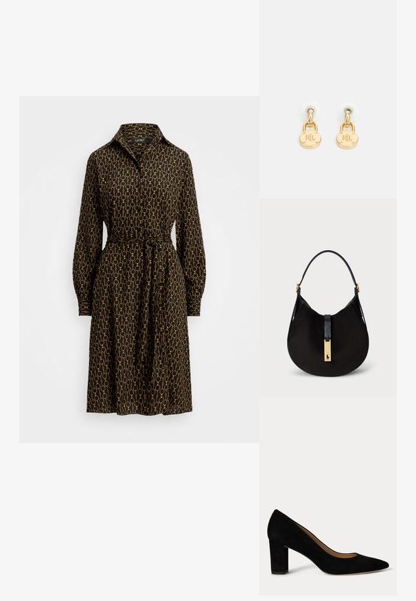 Schwarzes Hemdkleid mit Kragen, verfügt über ein goldfarbenes kreisförmiges Muster, lange Ärmel mit Manschetten und einen selbst gebundenen Gürtel in der Taille.; Damenkleid Schuh aus schwarzem Veloursleder mit niedrigem Blockabsatz, spitzer Zehenpartie und beigem Innenfutter auf weißem Hintergrund.; Schwarze Wildleder-Schultertasche mit einer geschwungenen Form, einem glatten schwarzen Ledertrageriemen und einem goldfarbenen Hardware-Akzent mit einem Logodetail.; Goldfarbene Steckerohrringe mit einem runden Anhänger, der mit 'RL' graviert ist, der an einem kleinen Haken hängt und mit klaren Gummi-Mittelsteckern gesichert ist.